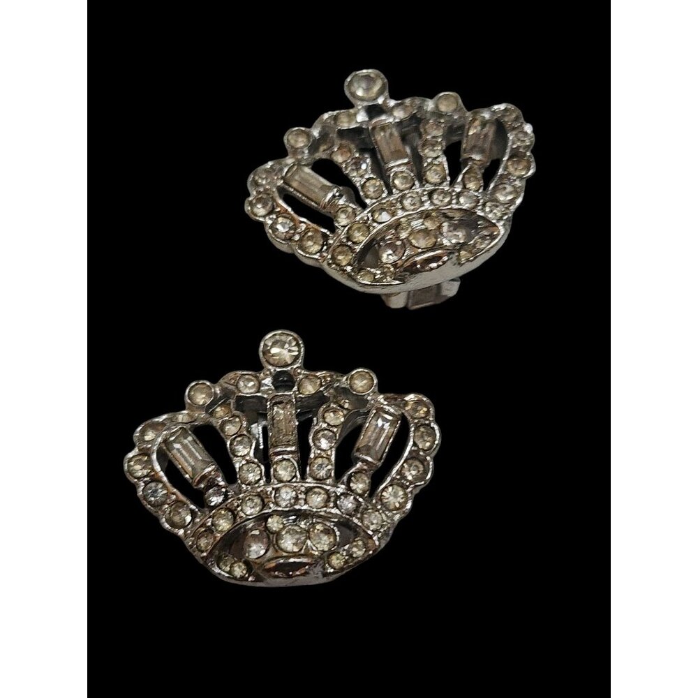 Vintage Unsigned Rhinestone Crown Clip Earrings (A4692)